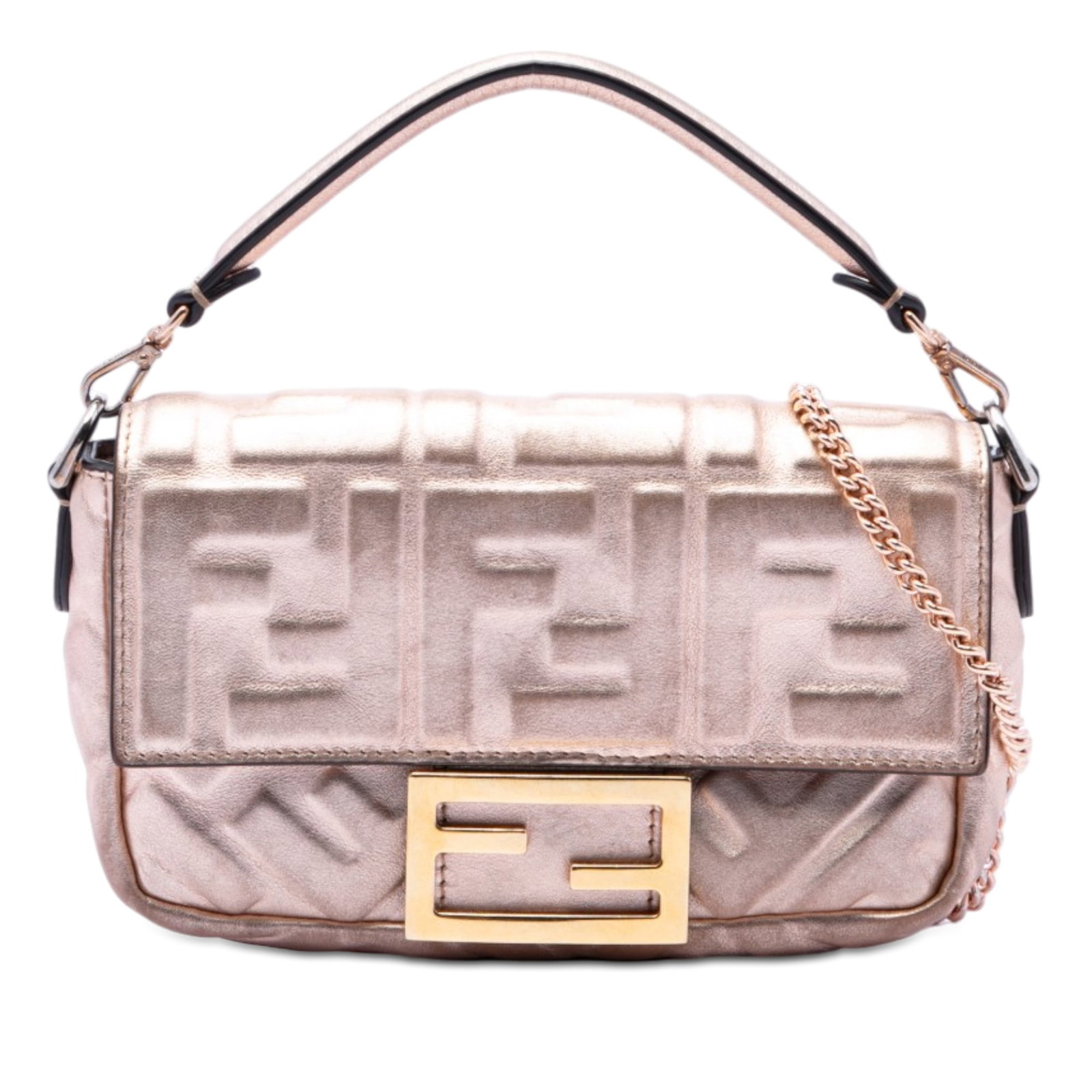 Fendi Zucca Metallic Leather Mini Baguette Satchel: Fendi Zucca Metallic Leather Mini Baguette Satchel This Fendi Mini Zucca Baguette satchel features an embossed metallic leather body in pink, complemented by a detachable flat leather handle and a det