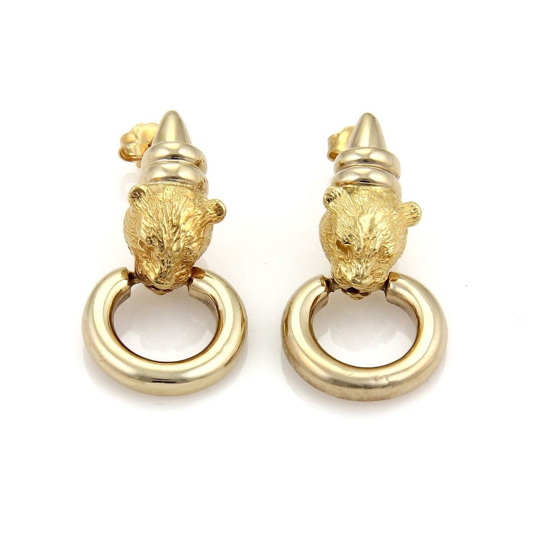 Citra 18k Yellow Gold Panther Motif Dangle Earrings: Citra 18k Yellow Gold Panther Motif Dangle Earrings These Citra dangle earrings are expertly crafted in 18k yellow gold and showcase a striking panther-inspired door knocker motif. With a polished fin