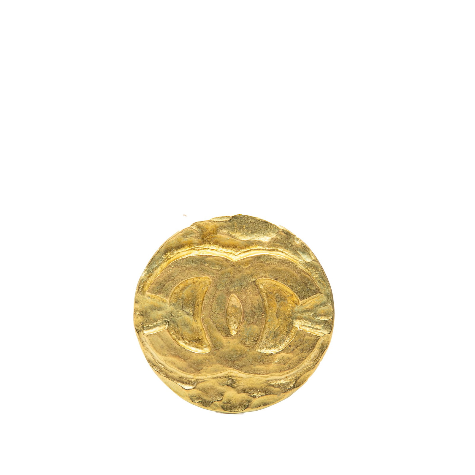 Chanel CC Logo Round Gold Tone Metal Brooch Pin: Chanel CC Logo Round Gold Tone Metal Brooch Pin This Chanel CC Gold Plated Round Brooch features a gold-tone metal body with a classic round design and a back pin closure. The brooch displays noticeab