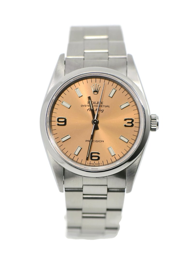 Rolex Air-King 14000 Stainless Steel Automatic Wristwatch with Box: Rolex Air-King 14000 Stainless Steel Automatic Wristwatch with Box This Rolex Air-King wristwatch features a 34mm stainless steel case and a matching stainless steel band. The watch is equipped with a