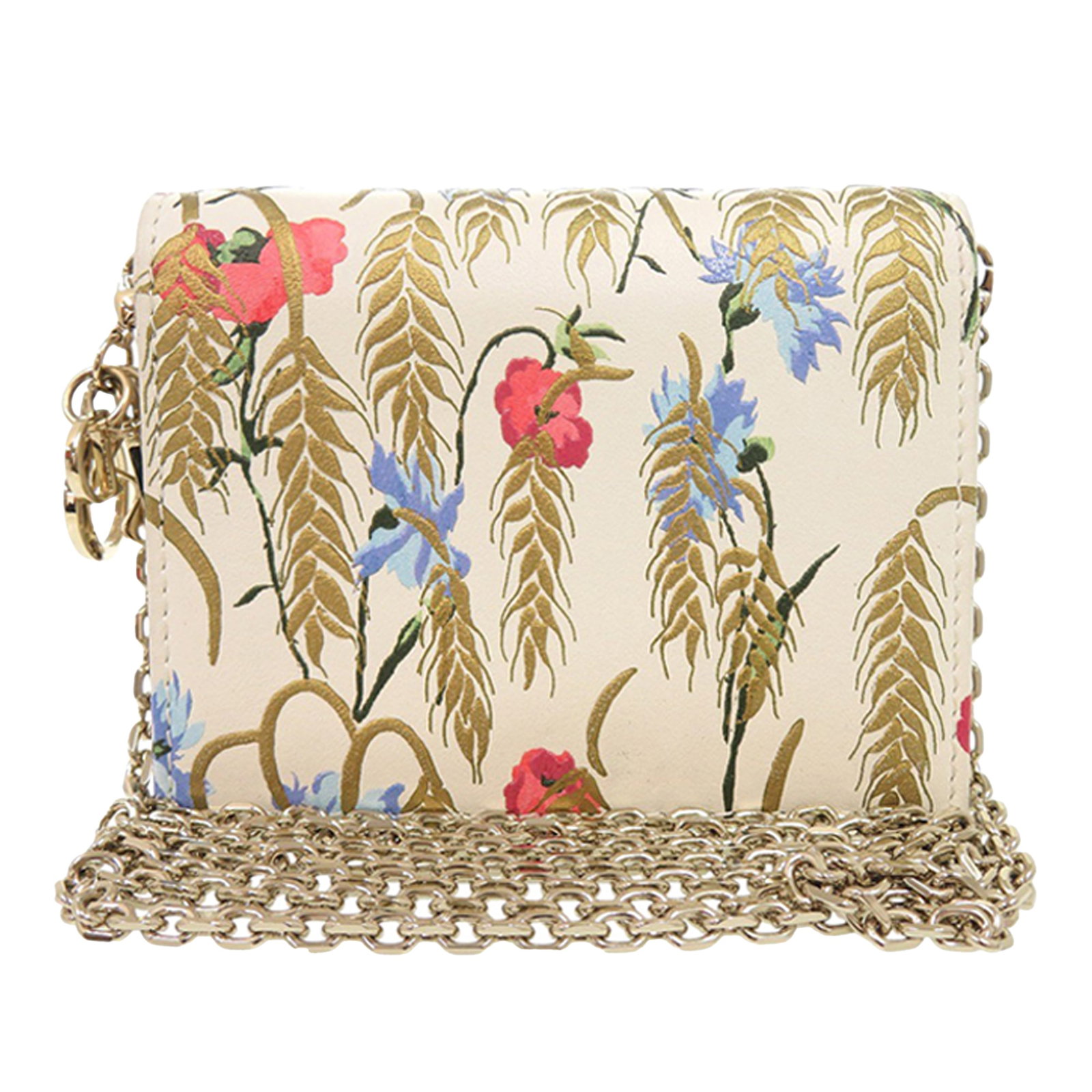 Dior Hibiscus Print Leather Card Holder Crossbody with Chain Strap: Dior Hibiscus Print Leather Card Holder Crossbody with Chain Strap This Dior Calfskin Hibiscus Card Holder with Chain is a crossbody bag crafted from printed leather. It features a chain link strap, a