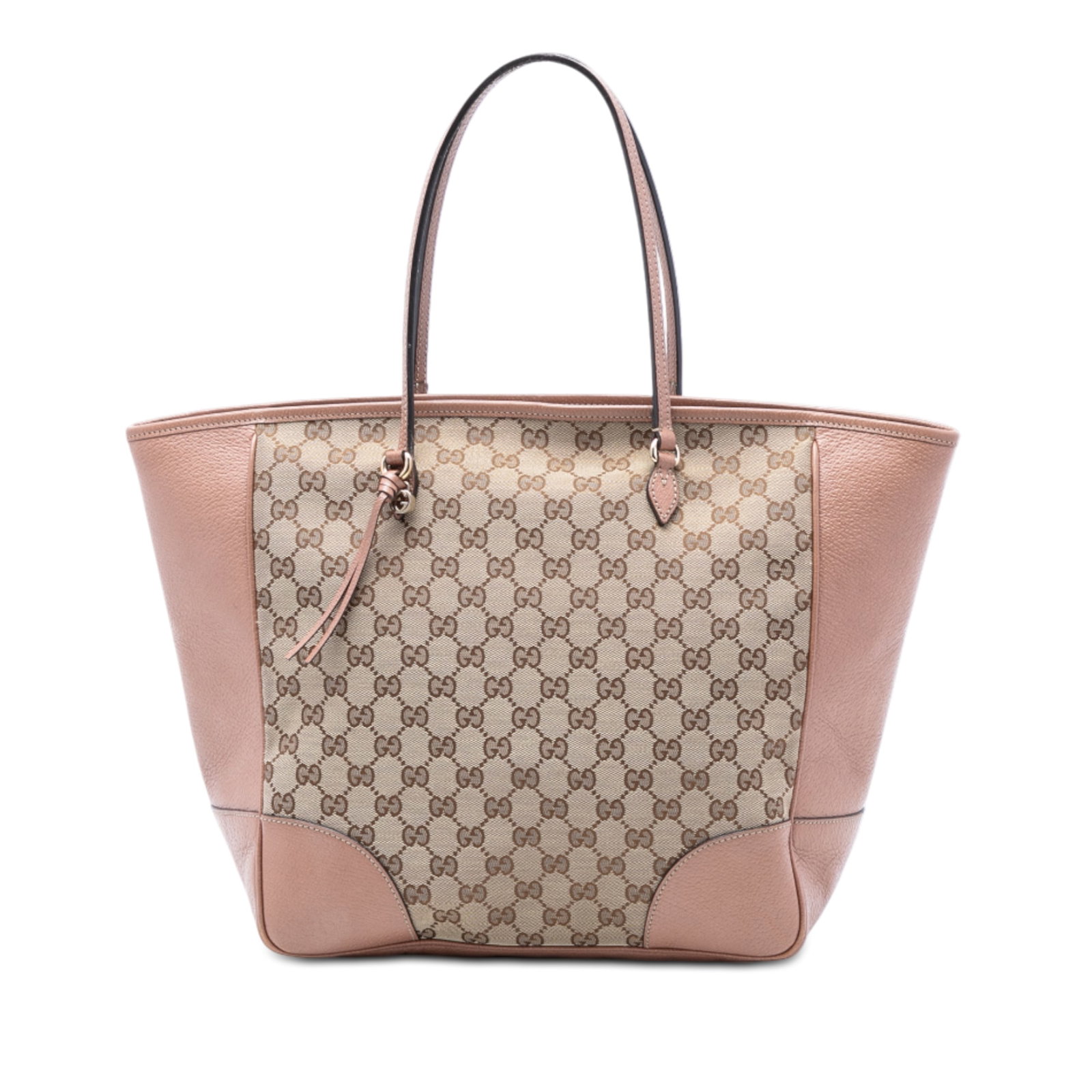 Pink Leather and Canvas Bree Tote Bag by Gucci: Pink Leather and Canvas Bree Tote Bag by Gucci This Gucci GG Canvas and Leather Bree Tote features a pink canvas and leather exterior, flat leather handles, and a top zip closure. The interior include