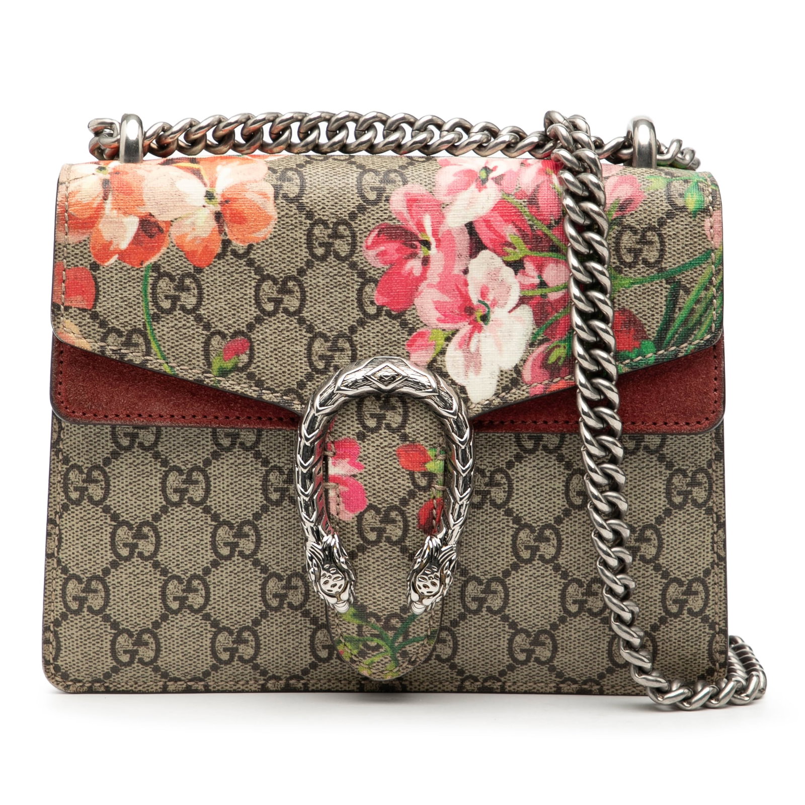 Gucci Dionysus Small GG Supreme Blooms Canvas Crossbody Bag: Gucci Dionysus Small GG Supreme Blooms Canvas Crossbody Bag This Gucci Small GG Supreme Blooms Dionysus crossbody bag features a coated canvas body with suede leather trim and a multicolor Blooms prin