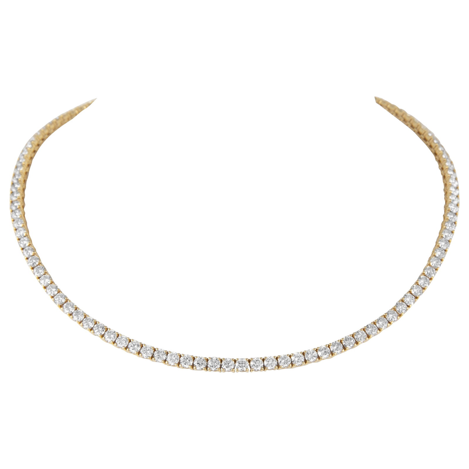20.12ct Diamond Tennis Necklace 18k Yellow Gold: 20.12ct Diamond Tennis Necklace 18k Yellow Gold This exquisite 20.12ct Diamond Tennis Necklace is crafted from 18k yellow gold, featuring 109 round brilliant diamonds that total 20.12 carats. The diam