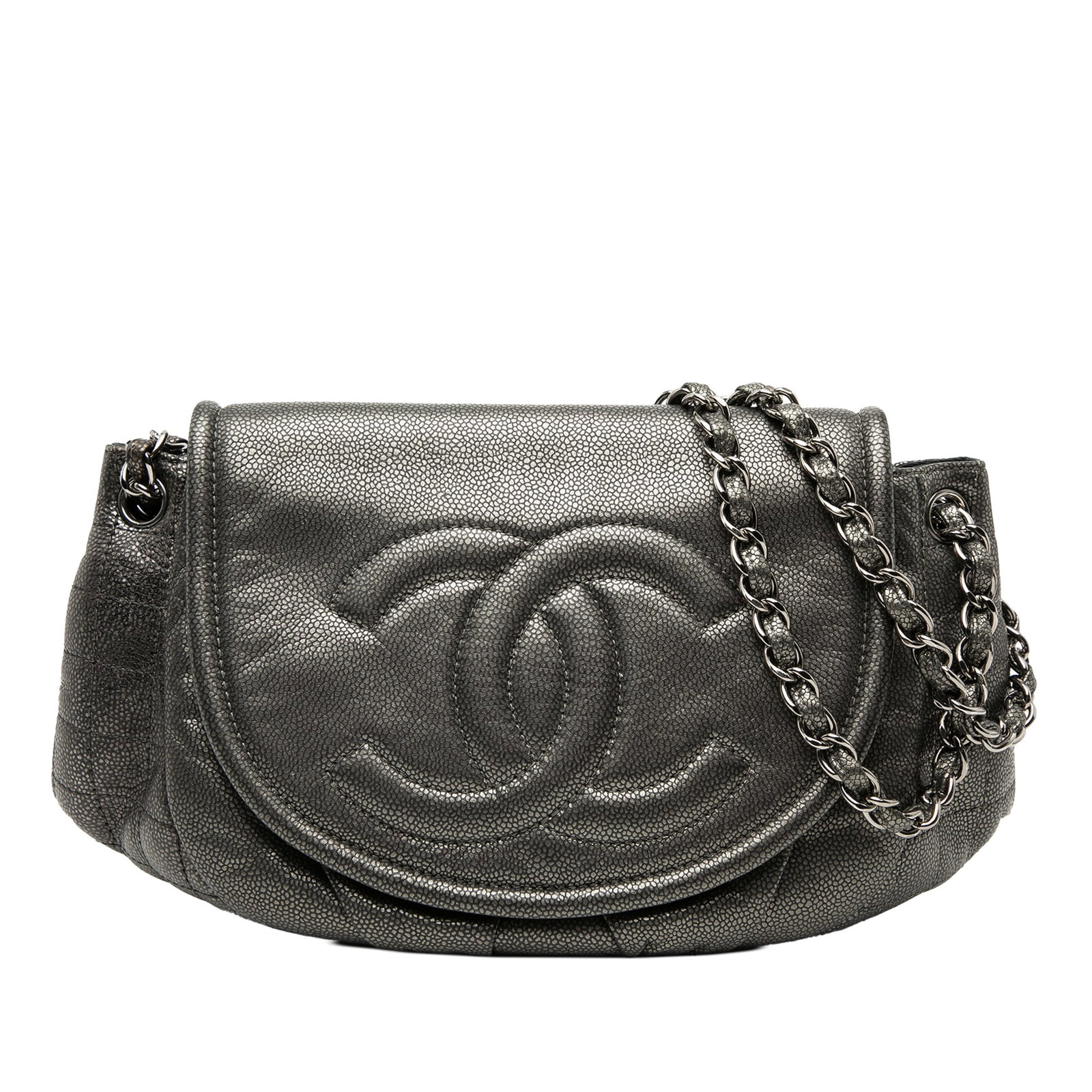 Chanel Half Moon Flap Bag Large Gray Metallic Caviar Leather: Chanel Half Moon Flap Bag Large Gray Metallic Caviar Leather This Chanel Large Metallic Caviar Half Moon Flap bag is crafted from caviar leather in a gray tone and features leather-woven chain link st