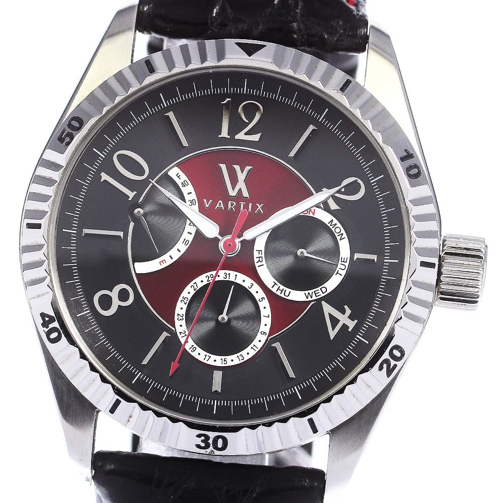 VARTIX Alive WA2VN Automatic Day Date Power Reserve Watch: VARTIX Alive WA2VN Automatic Day Date Power Reserve Watch This VARTIX Alive WA2VN men's wristwatch features a stainless steel case with a black and bordeaux dial and a leather bracelet. The watch is p