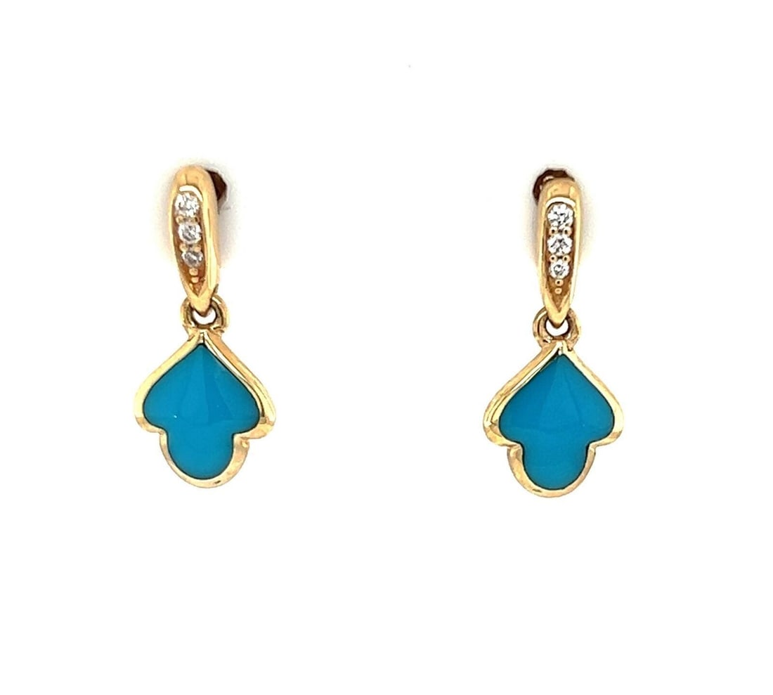Kabana Lotus Flower 14k Yellow Gold Turquoise Diamond Dangle Earrings: Kabana Lotus Flower 14k Yellow Gold Turquoise Diamond Dangle Earrings These Kabana Lotus Flower Dangle Earrings are crafted from 14k yellow gold and feature an elegant lotus motif. Each earring is cen