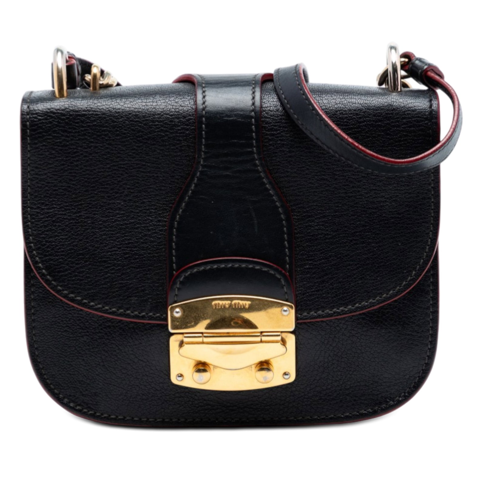 Miu Miu black goatskin leather Madras satchel with chain handle: Miu Miu black goatskin leather Madras satchel with chain handle This Miu Miu Goatskin Madras Satchel is crafted from goatskin leather and features a chain-link top handle, an adjustable flat leather s