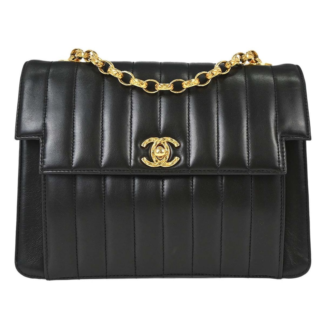 CHANEL Mademoiselle black lambskin shoulder bag vertical stitch: CHANEL Mademoiselle black lambskin shoulder bag vertical stitch This Chanel Black Lambskin Mademoiselle Shoulder Bag features a vertical stitch pattern and a classic quilted finish. Crafted from luxur