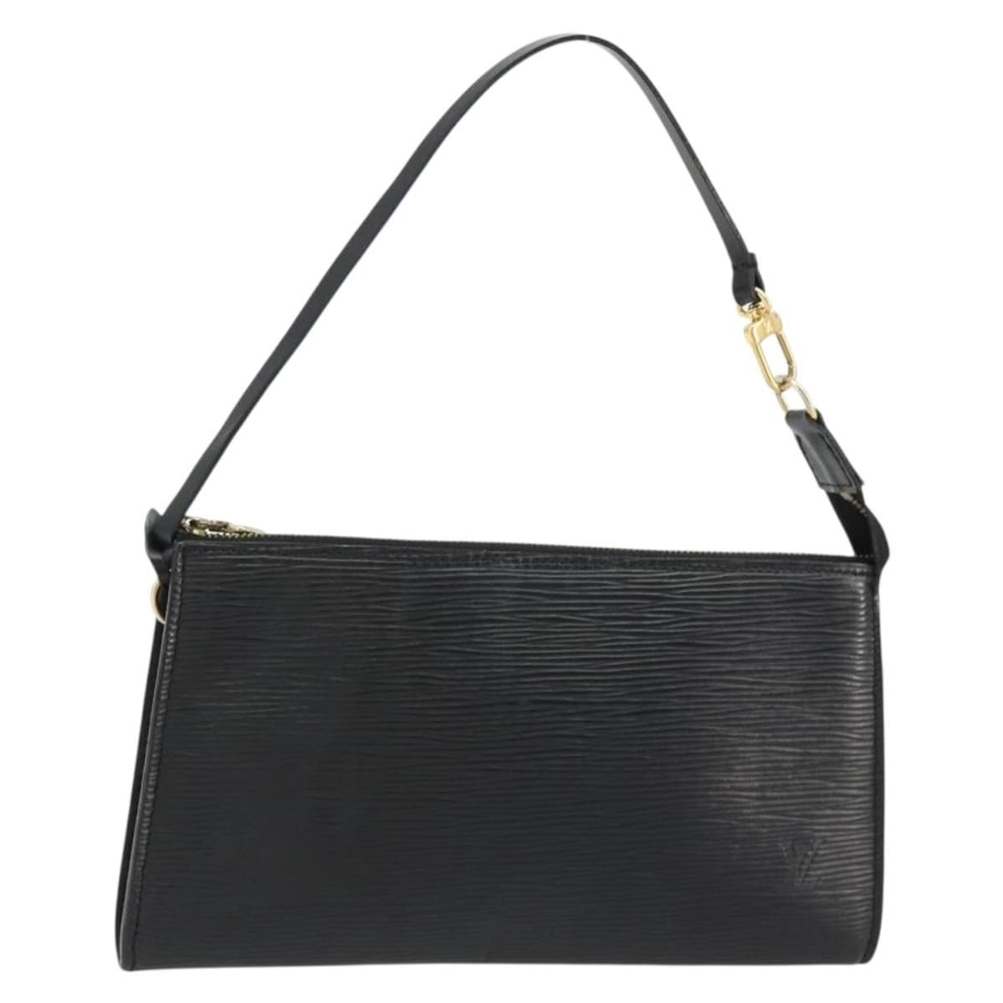 Louis Vuitton Epi Leather Pochette Accessoires Black: Louis Vuitton Epi Leather Pochette Accessoires Black This Louis Vuitton Pochette Accessoires is crafted from black Epi leather and features a compact, elegant design. The bag shows visible wear, inclu
