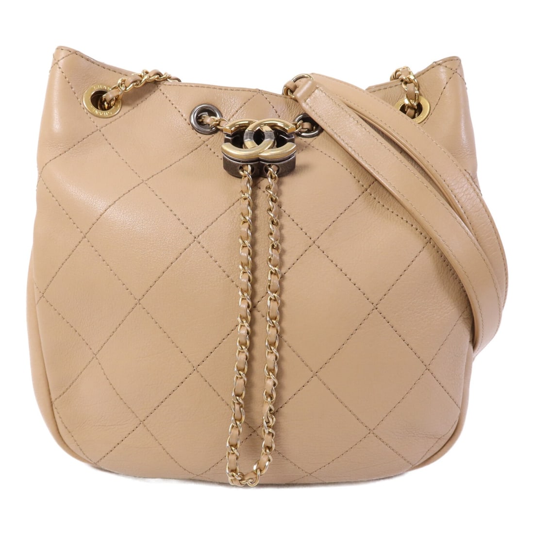 Chanel Beige Calfskin Egyptian Amulet Shoulder Bag with Gold Hardware: Chanel Beige Calfskin Egyptian Amulet Shoulder Bag with Gold Hardware This CHANEL shoulder bag features a CC Egyptian amulet chain and is crafted from beige calfskin leather. Designed for women, it of