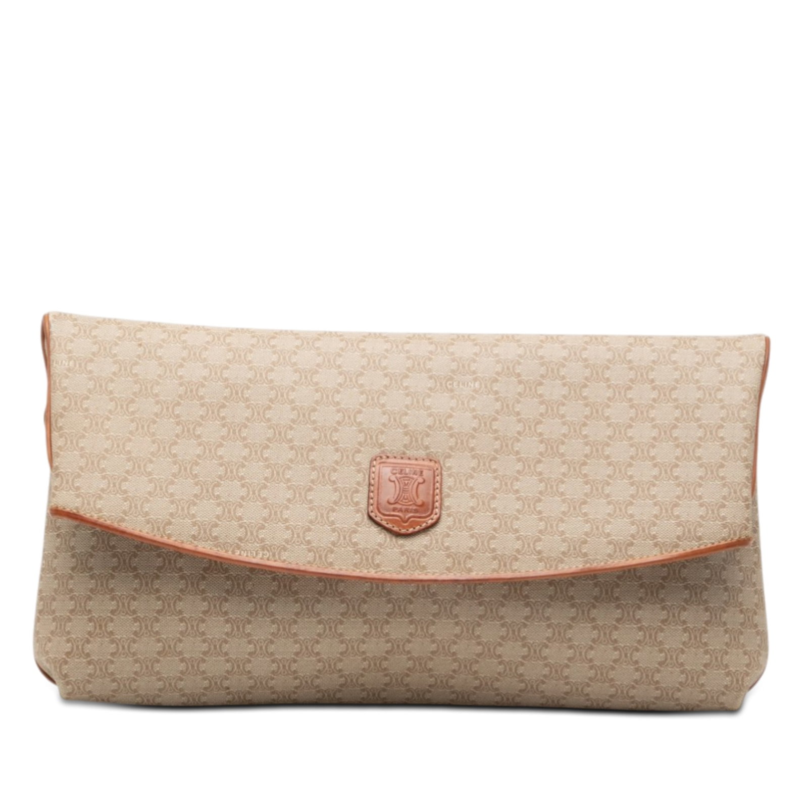 Celine Macadam beige coated canvas fold-over clutch: Celine Macadam beige coated canvas fold-over clutch This Celine Macadam clutch features a coated canvas body with leather trim, a fold-over top secured by a magnetic snap button closure, and an interi