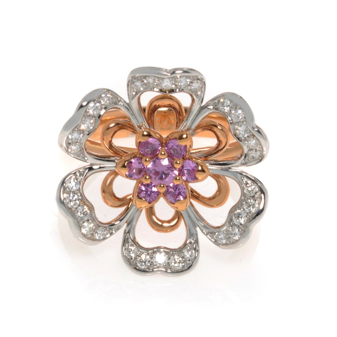 Luca Carati 18K Rose White Gold Diamond Pink Sapphire Cocktail Ring Size 7: Luca Carati 18K Rose White Gold Diamond Pink Sapphire Cocktail Ring Size 7 This Luca Carati cocktail ring is crafted from 18K rose and white gold, featuring a floral design set with 0.3 carats total w