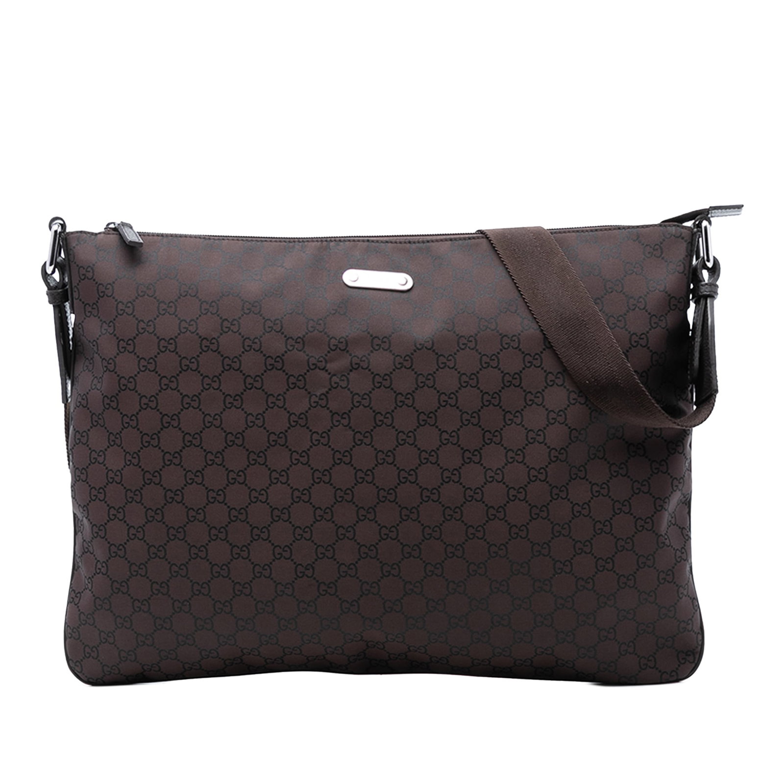 Gucci Brown Fabric GG Nylon Crossbody Bag with Zip Closure: Gucci Brown Fabric GG Nylon Crossbody Bag with Zip Closure This Gucci GG Nylon Crossbody bag features a durable nylon body in brown, a flat strap for comfortable wear, a top zip closure, and an interi