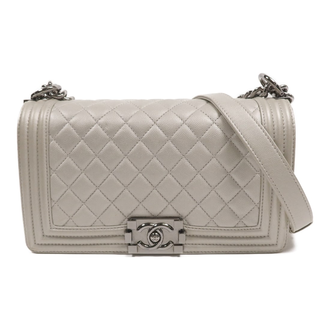CHANEL Boy 25 Silver Calfskin 2way Shoulder Bag: CHANEL Boy 25 Silver Calfskin 2way Shoulder Bag This CHANEL Boy 2-way shoulder bag is crafted from calfskin leather in a striking silver color, complemented by silver-tone hardware. Designed for versa