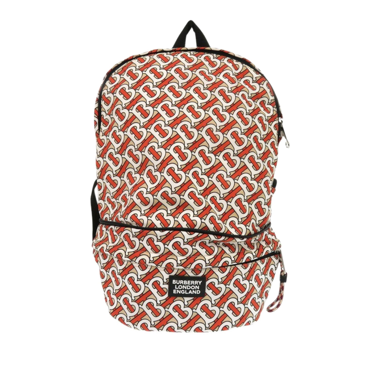 Orange Nylon TB Monogram Convertible Backpack with Leather Trim by Burberry: Orange Nylon TB Monogram Convertible Backpack with Leather Trim by Burberry This Burberry TB Monogram Nylon Convertible Backpack features a printed nylon body with leather trim, a flat leather top han
