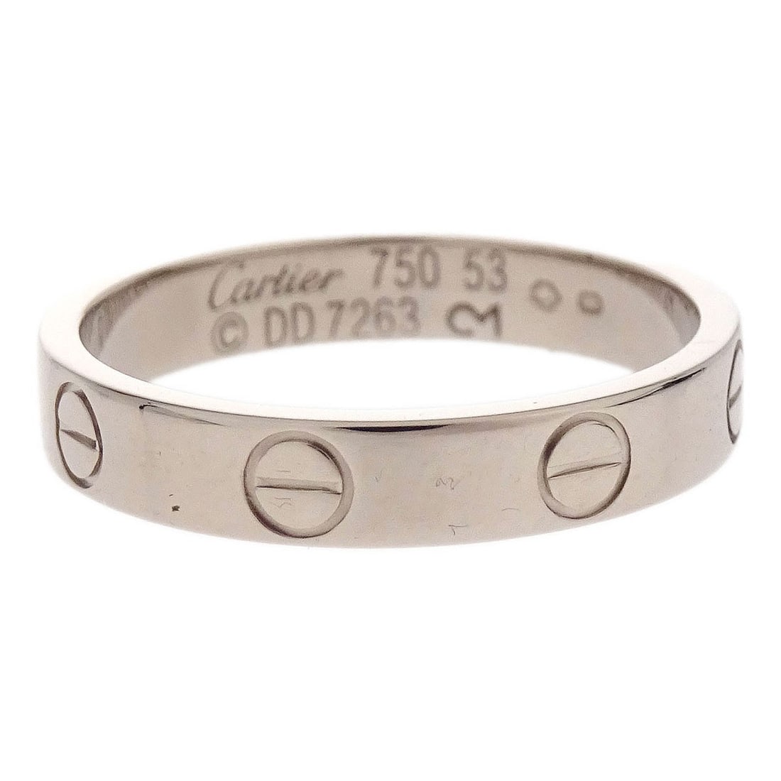 White Gold Mini Love Ring by Cartier Size 53: White Gold Mini Love Ring by Cartier Size 53 This Cartier Mini Love Ring is crafted from 18k white gold (Au750) and features a classic round shape. The ring is size 53 and has a vintage appeal. It is 
