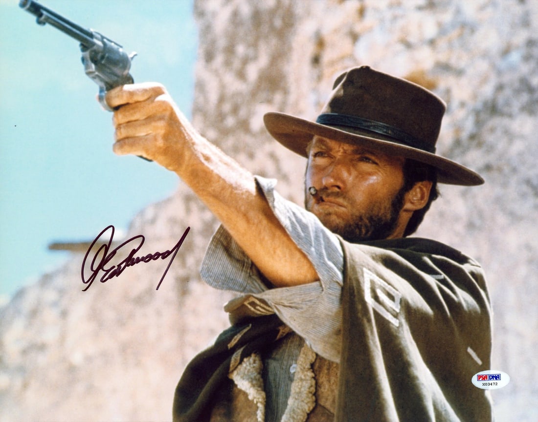 Signed Clint Eastwood 11x14 Photograph PSA DNA: Signed Clint Eastwood 11x14 Photograph PSA DNA This is a pre-owned, autographed 11x14 horizontal photograph from the film "The Good, the Bad and the Ugly," personally signed by Clint Eastwood. The aut