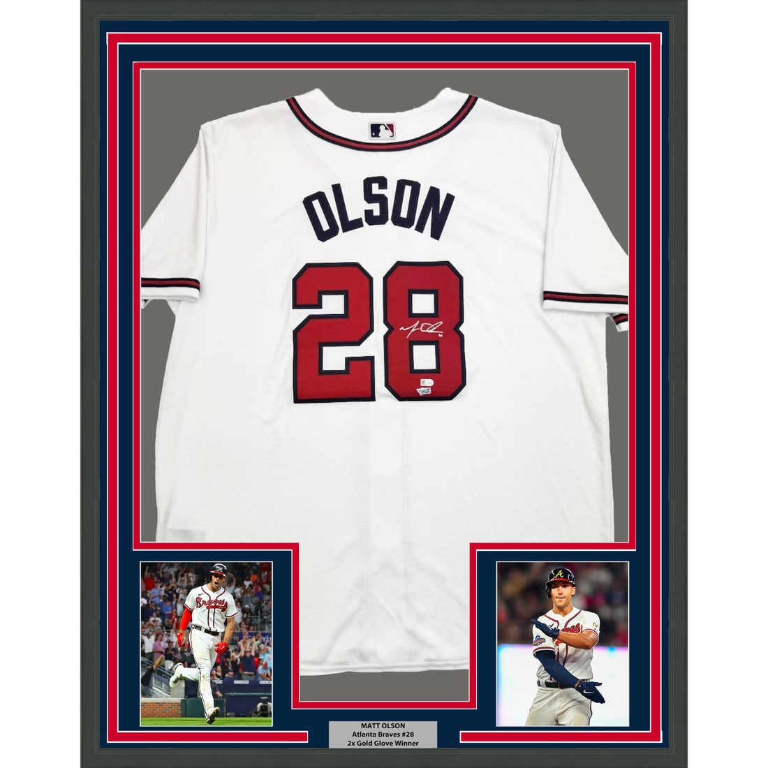 Framed Autographed Matt Olson Braves Jersey 35x39 with Fanatics COA: Framed Autographed Matt Olson Braves Jersey 35x39 with Fanatics COA Showcase your love for the Atlanta Braves with this professionally framed and autographed Matt Olson white jersey. This remarkable p