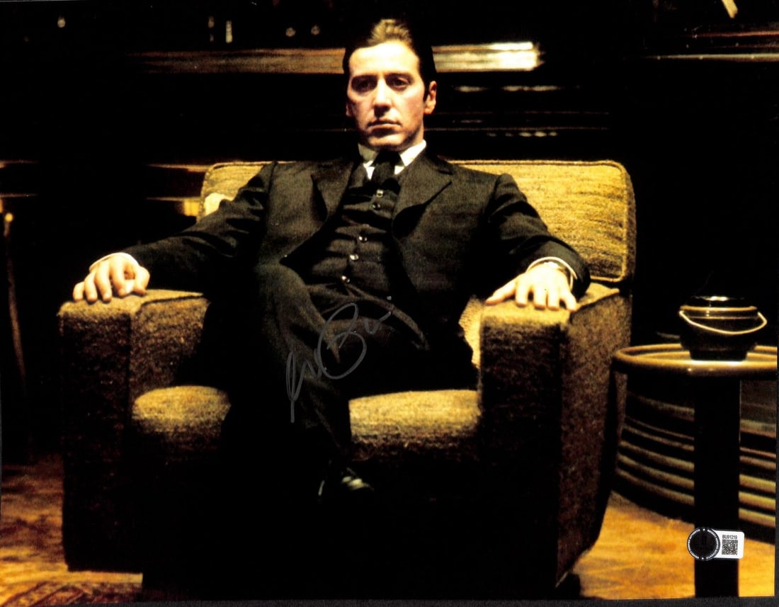 Beckett Authenticated Al Pacino Michael Corleone 11x14 Signed Photo: Beckett Authenticated Al Pacino Michael Corleone 11x14 Signed Photo This is a signed 11x14 photograph featuring Al Pacino as Michael Corleone from the classic film The Godfather. The image captures Pa