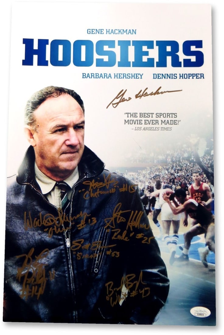 11x17 Hoosiers photo JSA authenticated 7 signatures Gene Hackman: 11x17 Hoosiers photo JSA authenticated 7 signatures Gene Hackman This is an original 11x17 photograph autographed by Gene Hackman and six additional cast members from the movie Hoosiers. The photo has