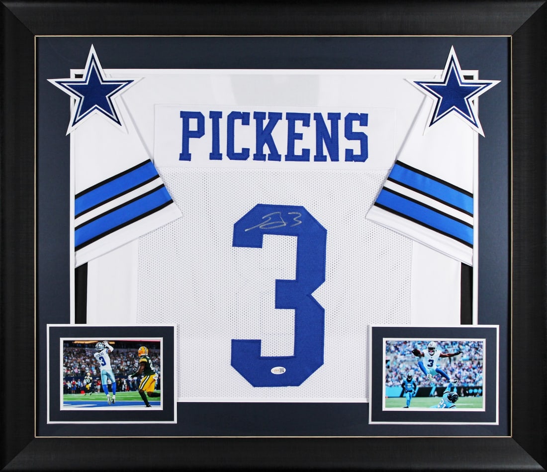 George Pickens signed Dallas Cowboys framed jersey JSA witnessed: George Pickens signed Dallas Cowboys framed jersey JSA witnessed This professionally framed white pro style jersey has been personally signed by George Pickens of the Dallas Cowboys. The jersey is cus