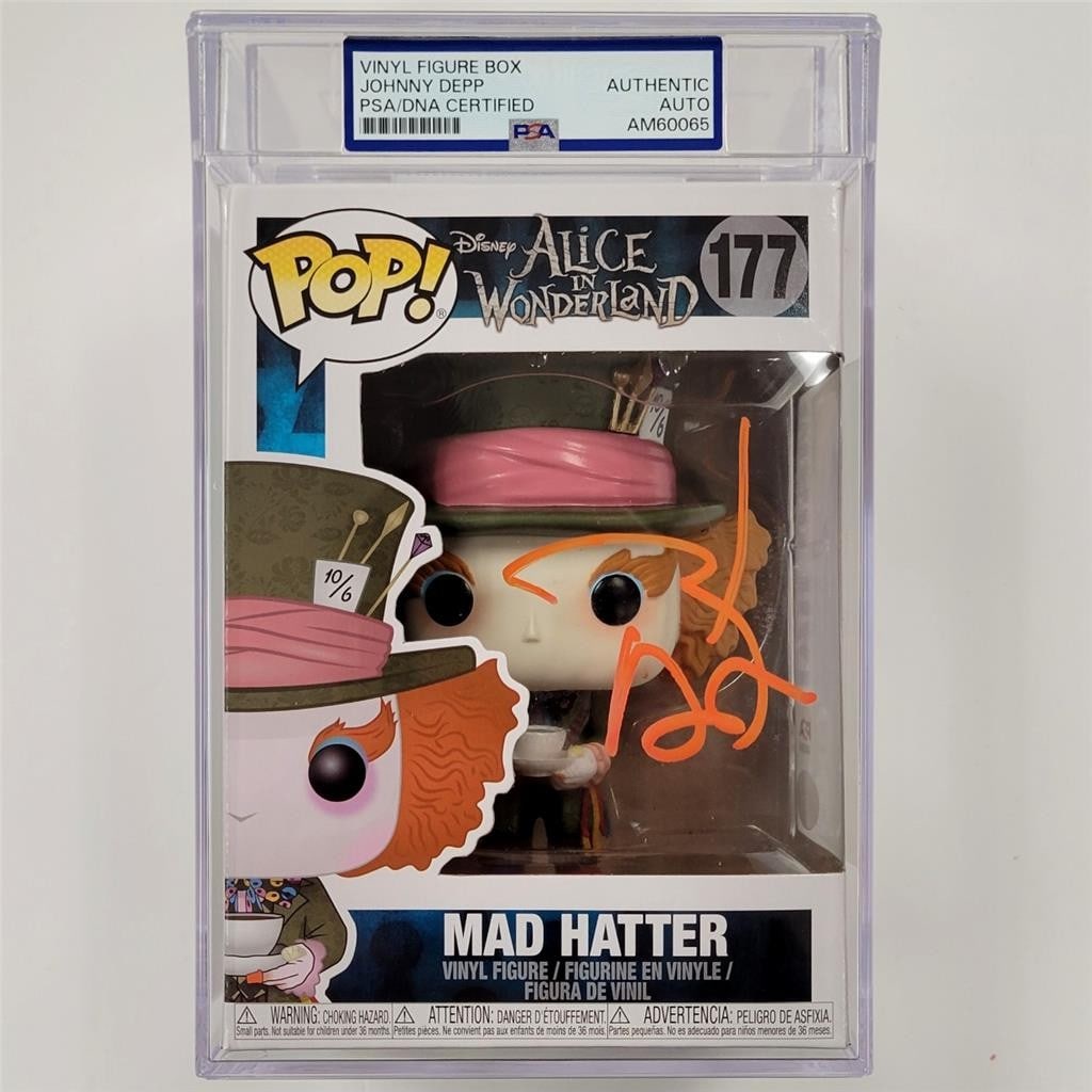 Alice in Wonderland Mad Hatter Funko Pop 177 Signed by Johnny Depp PSA Authenticated: Alice in Wonderland Mad Hatter Funko Pop 177 Signed by Johnny Depp PSA Authenticated This original Alice in Wonderland Funko Pop Figure (number 177) features the Mad Hatter character and is hand-signe
