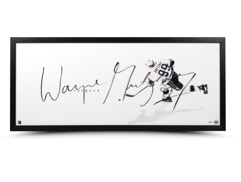 Wayne Gretzky Autographed Framed Photo 46x20 LA Kings Upper Deck: Wayne Gretzky Autographed Framed Photo 46x20 LA Kings Upper Deck Celebrate the legacy of hockey legend Wayne Gretzky with this stunning autographed 46" x 20" framed photo titled "The Show" featuring t