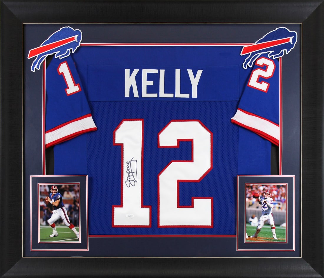Jim Kelly Autographed Blue Pro Style Framed Jersey BAS Witnessed: Jim Kelly Autographed Blue Pro Style Framed Jersey BAS Witnessed Celebrate the legacy of Hall of Fame quarterback Jim Kelly with this authentic autographed blue Pro Style framed jersey. Personally sig