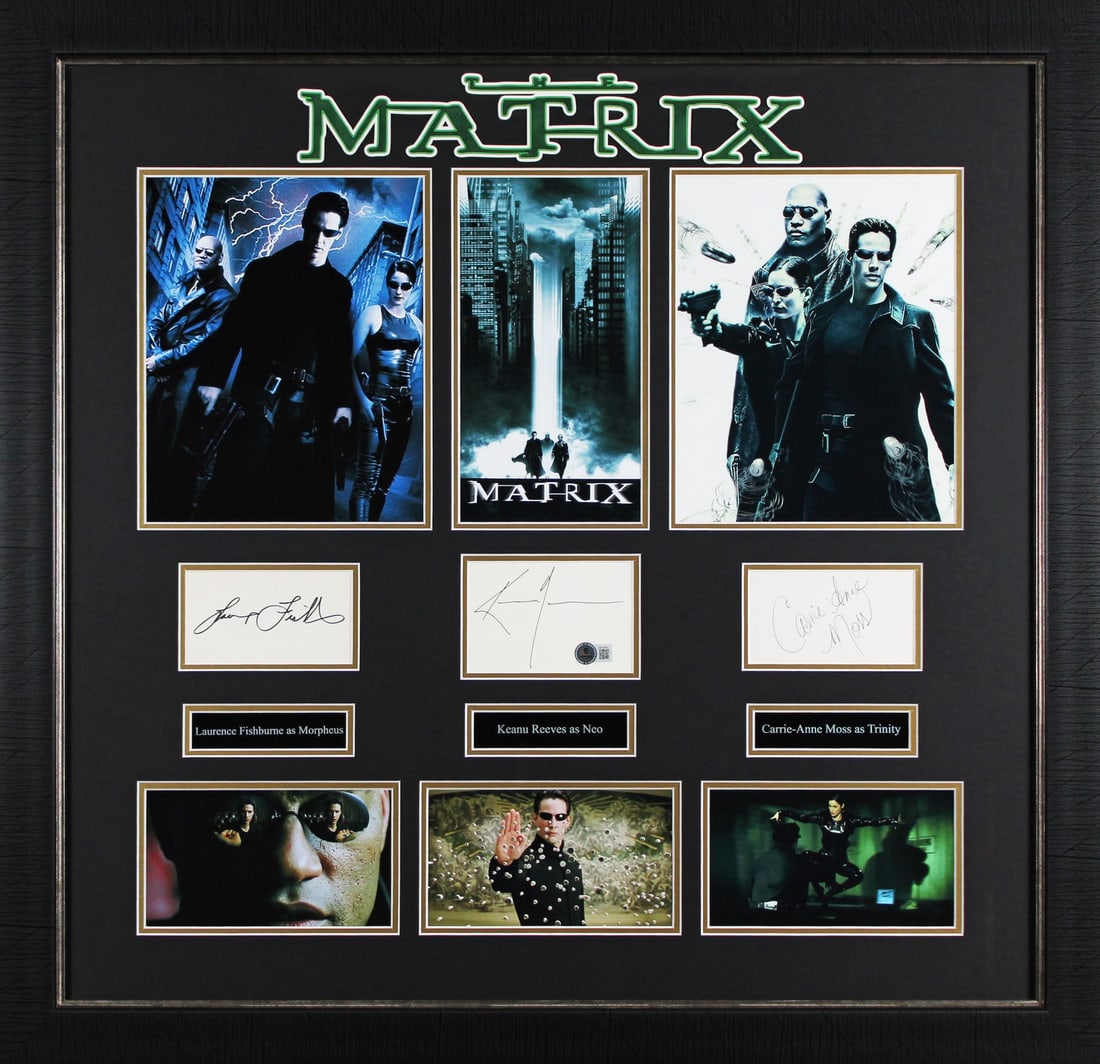 The Matrix Signed Framed Photo by Reeves Fishburne Moss BAS Certified: The Matrix Signed Framed Photo by Reeves Fishburne Moss BAS Certified This exquisite framed display features a photograph personally signed by the iconic trio from The Matrix: Keanu Reeves, Laurence F