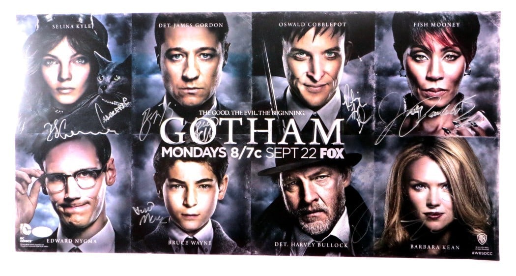 Gotham Cast Signed Autographed 11x23 Poster JSA Certified: Gotham Cast Signed Autographed 11x23 Poster JSA Certified Celebrate the iconic series with this Gotham cast autographed poster, measuring approximately 11x23 inches. This original poster features sign