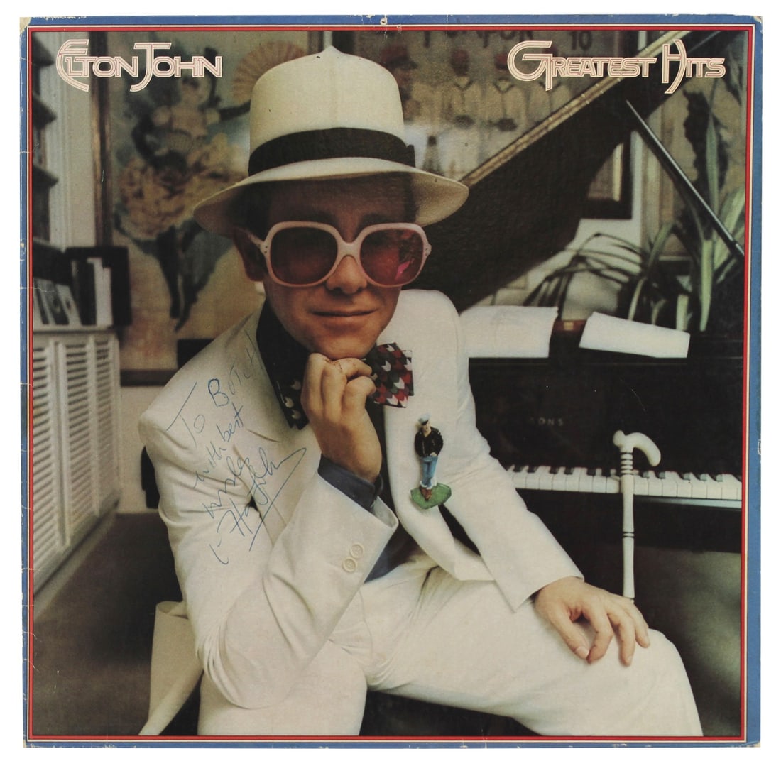 Elton John Signed Greatest Hits Album Cover with Best Wishes Inscription BAS COA: Elton John Signed Greatest Hits Album Cover with Best Wishes Inscription BAS COA This is an authentic signed album cover of Elton John's "Greatest Hits" featuring the inscription "To Butch, with Best 