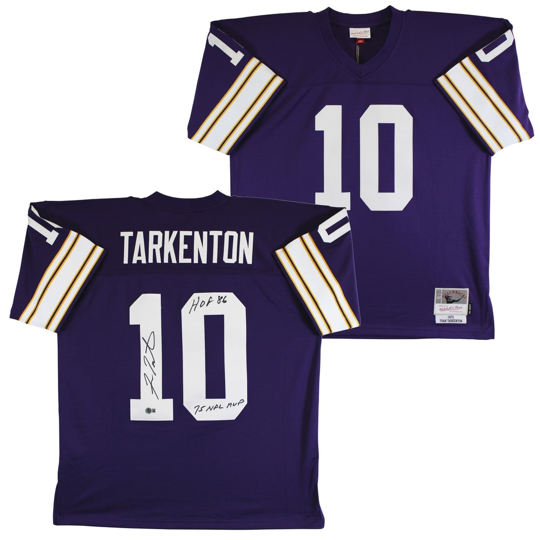 Fran Tarkenton Signed Purple Vikings Jersey with HOF Inscription BAS Authenticated: Fran Tarkenton Signed Purple Vikings Jersey with HOF Inscription BAS Authenticated Celebrate the legacy of football legend Fran Tarkenton with this original Minnesota Vikings Purple Mitchell & Ness Th