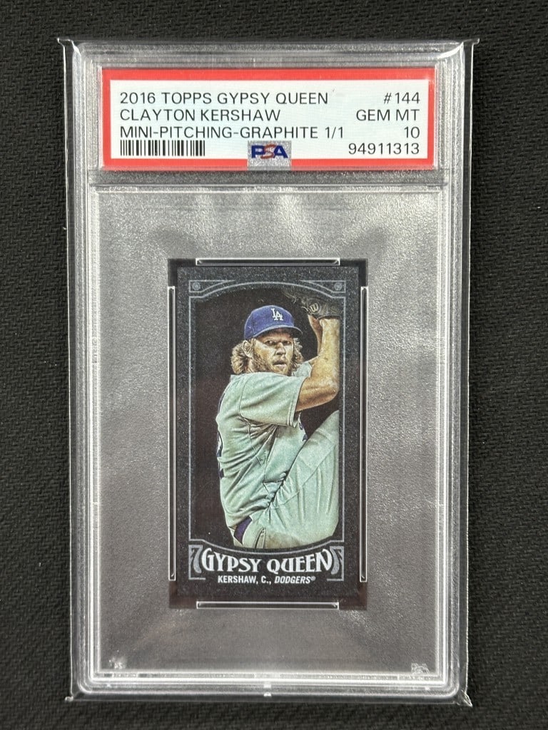 Clayton Kershaw 2016 Topps Gypsy Queen Mini PSA 10 Dodgers #144: Clayton Kershaw 2016 Topps Gypsy Queen Mini PSA 10 Dodgers #144 This is a rare 2016 Topps Gypsy Queen Graphite Mini baseball card of Clayton Kershaw, graded PSA 10. A standout collectible for any Dodg
