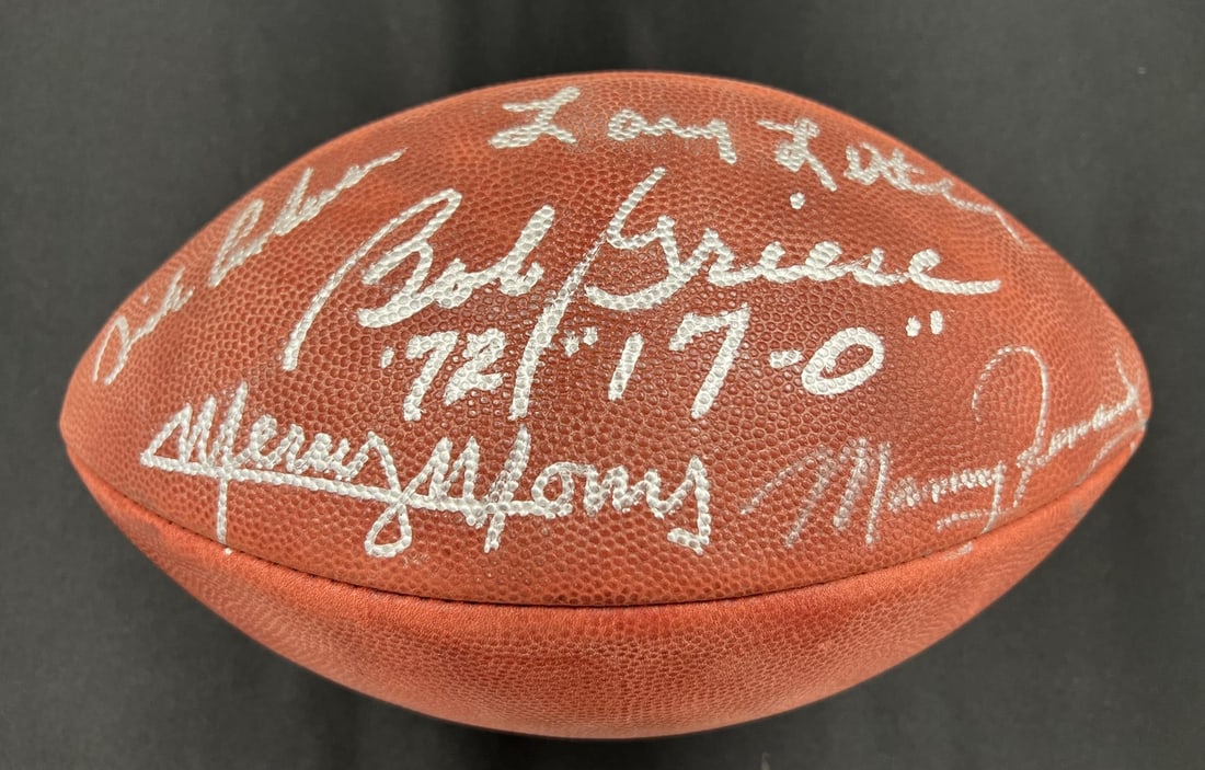 Football Signed by Five Miami Dolphins Legends Authenticated by PSA/DNA: Football Signed by Five Miami Dolphins Legends Authenticated by PSA/DNA This football is signed by Bob Griese, Manny Fernandez, Mercury Morris, Larry Little, and Dick Anderson, renowned players from t