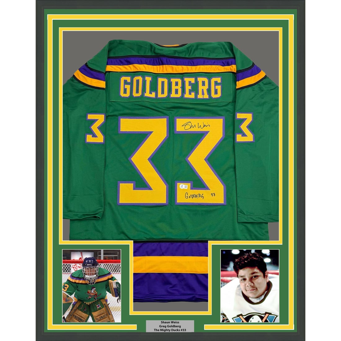 Framed Shaun Weiss Signed Mighty Ducks Jersey with BAS COA: Framed Shaun Weiss Signed Mighty Ducks Jersey with BAS COA Celebrate your love for hockey with this professionally framed and autographed Shaun Weiss "Goldberg" jersey from the Mighty Ducks. Measuring