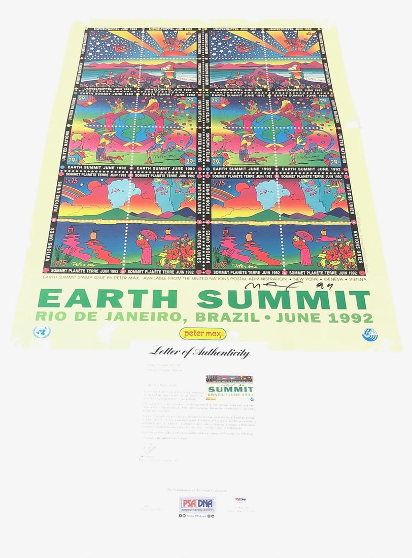 Peter Max Signed Earth Summit Poster 24x34 PSA/DNA Authenticated: Peter Max Signed Earth Summit Poster 24x34 PSA/DNA Authenticated This is an original 24x34 poster of the Earth Summit, beautifully signed by renowned artist Peter Max. The autograph has been authentic