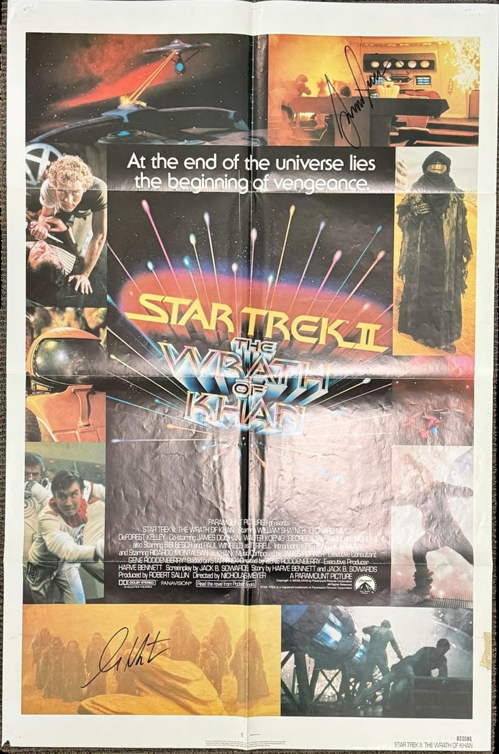 Beckett Authenticated Star Trek II Khan Poster Signed by Shatner Nimoy: Beckett Authenticated Star Trek II Khan Poster Signed by Shatner Nimoy This is an original folded theatrical poster (27x41 inches) from the 1982 film Star Trek II: The Wrath of Khan, hand-signed by Wi