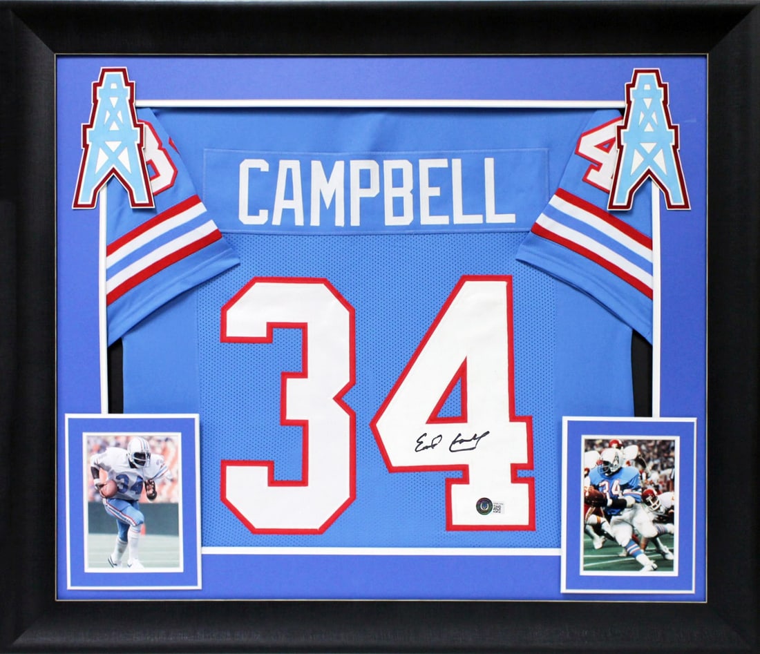 Earl Campbell Signed Framed Jersey Houston Oilers BAS Witnessed: Earl Campbell Signed Framed Jersey Houston Oilers BAS Witnessed Celebrate the legacy of Earl Campbell with this authentic signed light blue pro style framed jersey from the Houston Oilers. Personally 