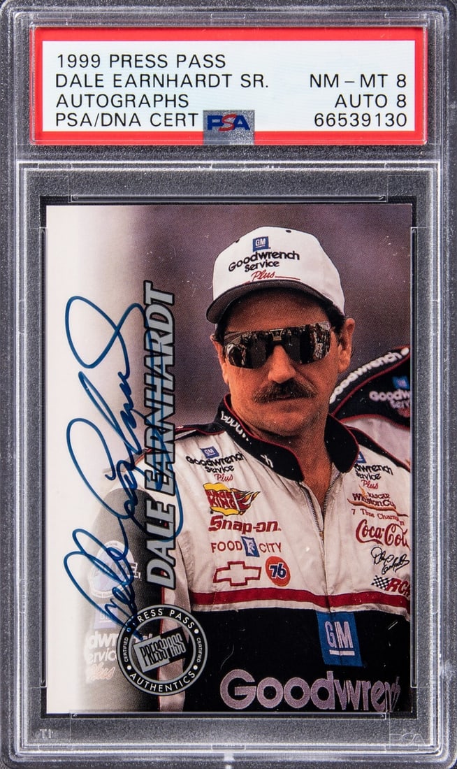 1999 Press Pass Dale Earnhardt Sr. Signed Card #25/75 PSA 8: 1999 Press Pass Dale Earnhardt Sr. Signed Card #25/75 PSA 8 This limited edition 1999 Press Pass Dale Earnhardt Sr. Signed Card is a must-have for racing enthusiasts and collectors alike. Graded by Pr