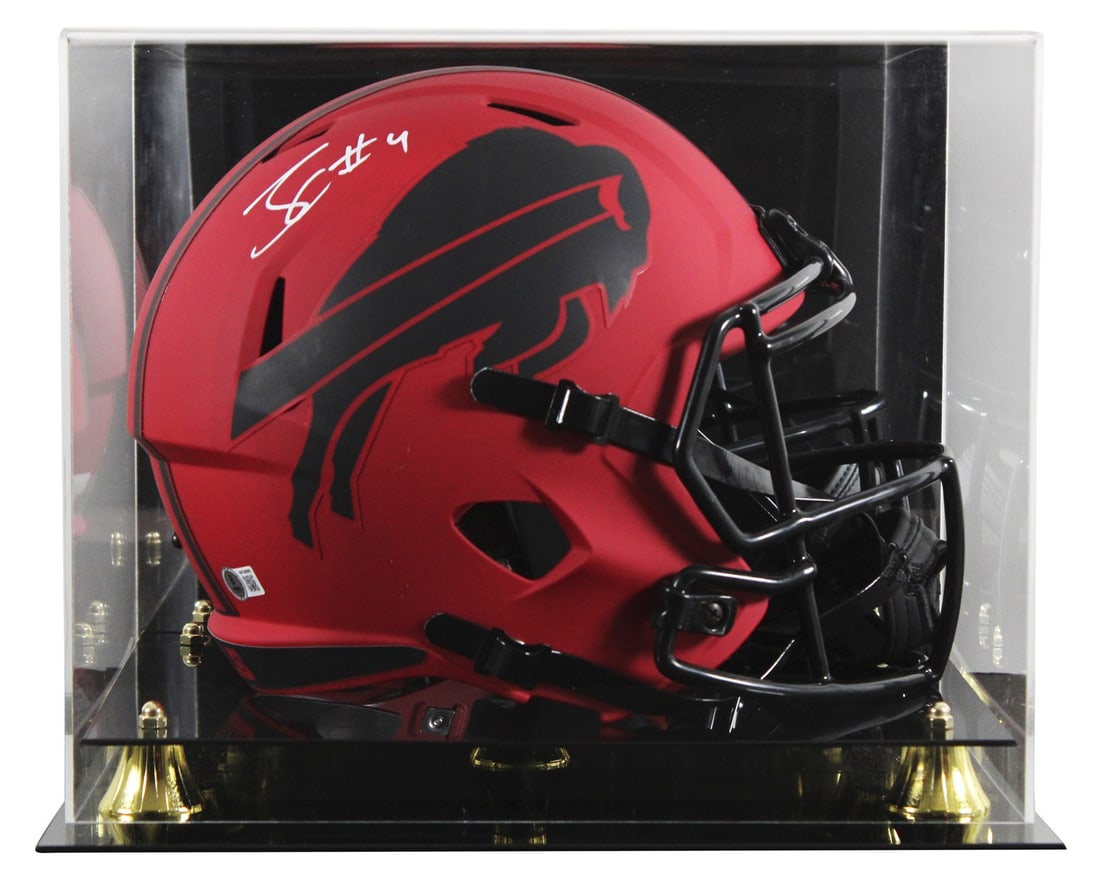 James Cook autographed Bills Riddell full size speed rep helmet with display case BAS witnessed: James Cook autographed Bills Riddell full size speed rep helmet with display case BAS witnessed This Buffalo Bills alternate Rave Riddell full size Speed replica helmet has been personally signed by J