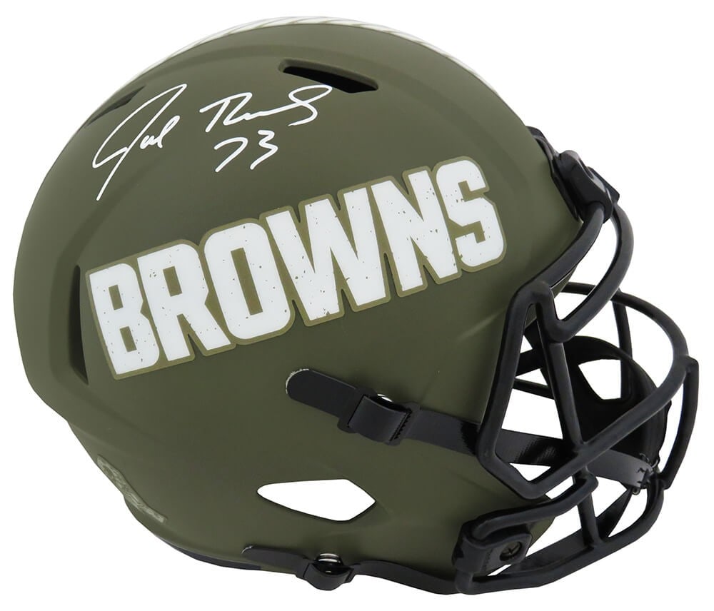Joe Thomas autographed Browns Speed replica helmet Salute to Service: Joe Thomas autographed Browns Speed replica helmet Salute to Service This is a Cleveland Browns Salute to Service Riddell full size speed replica helmet, hand-signed by Joe Thomas. The helmet includes