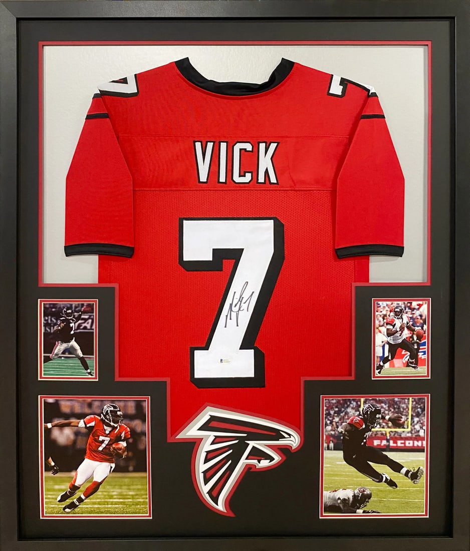 Michael Vick Framed Signed Jersey Atlanta Falcons Beckett Authenticated: Michael Vick Framed Signed Jersey Atlanta Falcons Beckett Authenticated Celebrate the legacy of Michael Vick with this autographed Atlanta Falcons jersey, expertly framed for display. Authenticated by