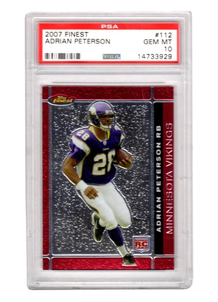 Adrian Peterson 2007 Topps Finest RC PSA 10 Silver Label #112: Adrian Peterson 2007 Topps Finest RC PSA 10 Silver Label #112 This listing is for an Adrian Peterson 2007 Topps Finest Football #112 rookie card, graded Gem Mint 10 by PSA. The card features Adrian Pe