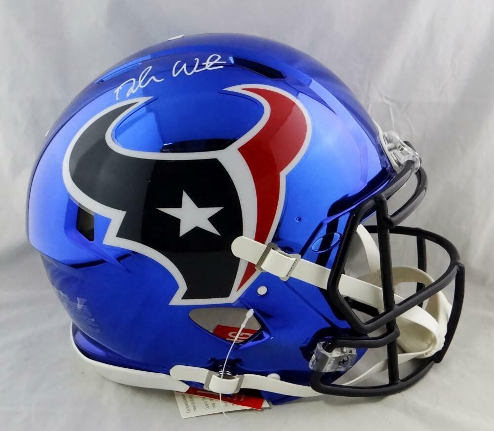 Houston Texans Deshaun Watson autographed full size Chrome Speed helmet JSA: Houston Texans Deshaun Watson autographed full size Chrome Speed helmet JSA This authentic full-size Chrome Speed helmet features the signature of Deshaun Watson from the Houston Texans. The helmet is