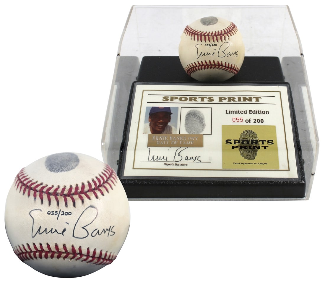 Ernie Banks Signed Limited Edition Thumbprint Baseball #/200 with Display Case: Ernie Banks Signed Limited Edition Thumbprint Baseball #/200 with Display Case Celebrate the legacy of Ernie Banks with this limited edition thumbprint baseball, personally signed by the legendary Chi