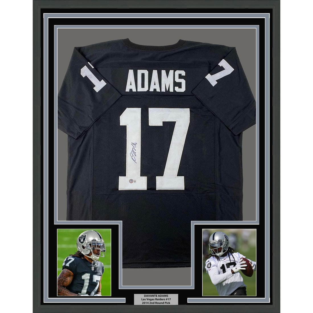 Davante Adams signed framed Raiders jersey BAS COA 33x42: Davante Adams signed framed Raiders jersey BAS COA 33x42 This is a professionally framed and matted Las Vegas Raiders black jersey autographed by Davante Adams. The display includes two 5x7 photograph