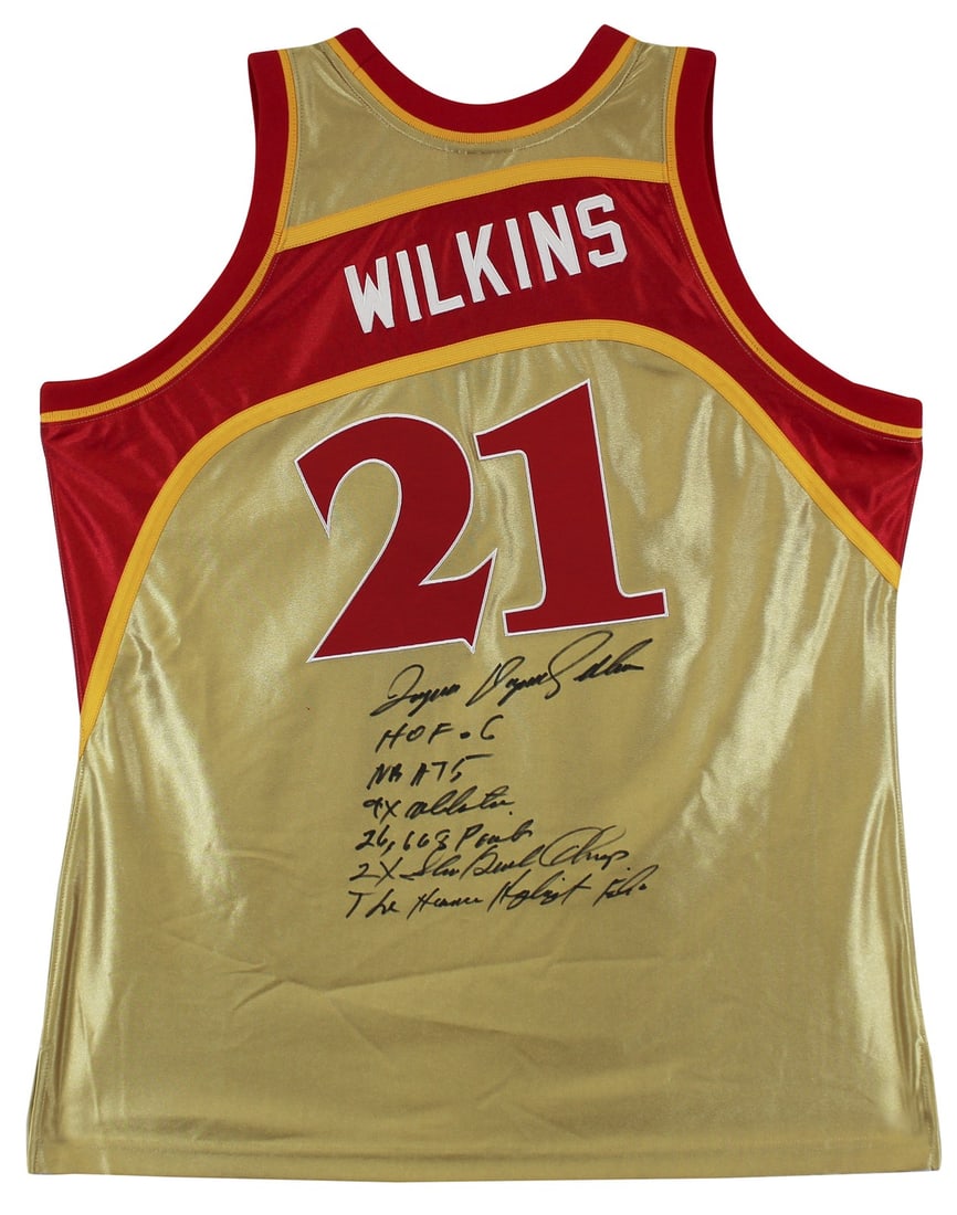 Dominique Wilkins Signed Gold Mitchell & Ness 75th Anniversary Jersey BAS: Dominique Wilkins Signed Gold Mitchell & Ness 75th Anniversary Jersey BAS Celebrate the legacy of Dominique Wilkins with this autographed gold Mitchell & Ness 1996-97 75th Anniversary Hardwood Classic
