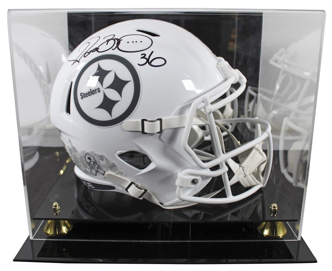 Jerome Bettis autographed Steelers Speed replica helmet with display case: Jerome Bettis autographed Steelers Speed replica helmet with display case This full-size Riddell Speed Replica helmet features the 2024 Salute To Service III alternate design for the Pittsburgh Steele