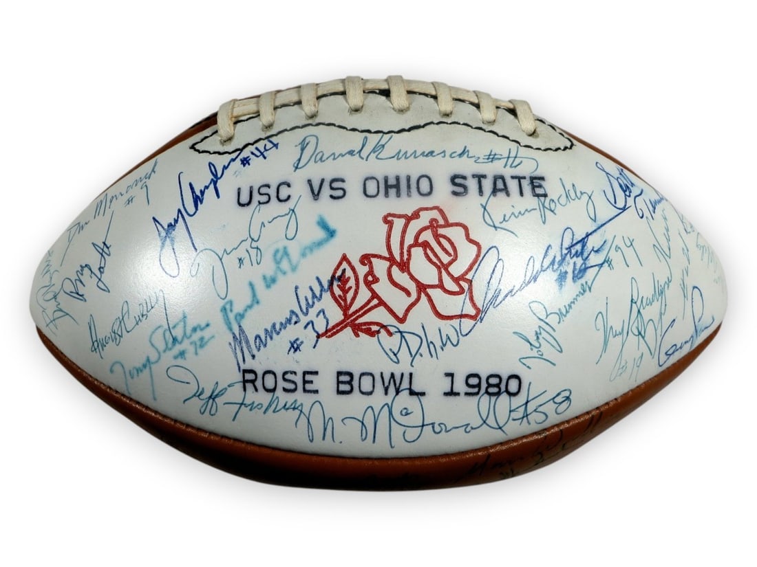 1980 USC Trojans Team Signed Football 59 Signatures Beckett Authenticated: 1980 USC Trojans Team Signed Football 59 Signatures Beckett Authenticated This is a remarkable 1980 USC Trojan Team Signed Autographed Football featuring an impressive total of 59 signatures from nota